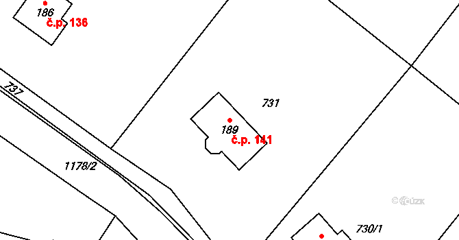 Raná 141 na parcele st. 189 v KÚ Raná u Loun, Katastrální mapa