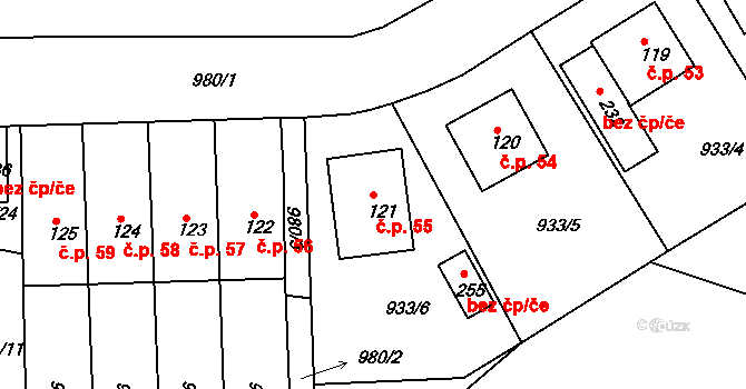 Horní Záhoří 55, Záhoří na parcele st. 121 v KÚ Horní Záhoří u Písku, Katastrální mapa