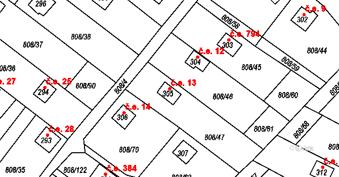 Podhrad 13, Cheb na parcele st. 305 v KÚ Podhrad, Katastrální mapa