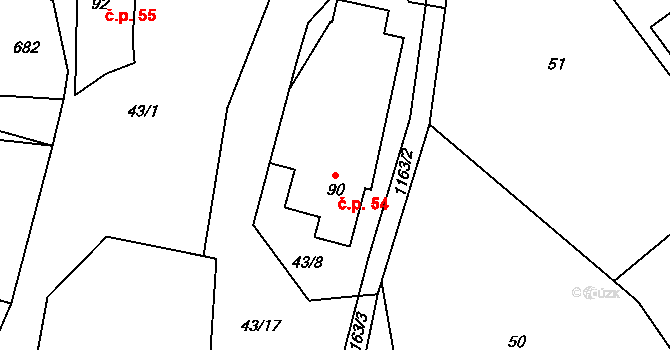 Keblov 54 na parcele st. 90 v KÚ Keblov, Katastrální mapa