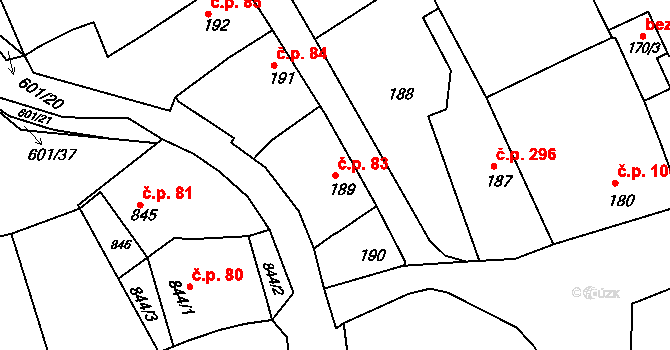 Buchlovice 83 na parcele st. 189 v KÚ Buchlovice, Katastrální mapa