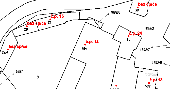 Mezholezy 14 na parcele st. 15/1 v KÚ Mezholezy u Horšovského Týna, Katastrální mapa