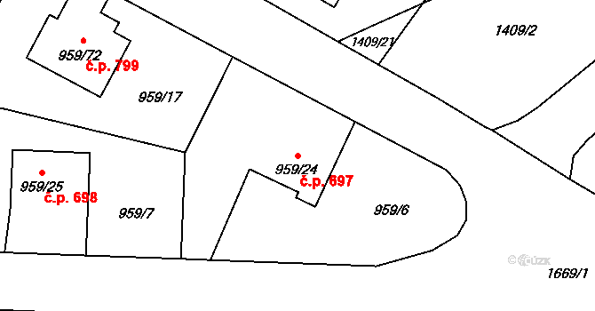 Hronov 697 na parcele st. 959/24 v KÚ Hronov, Katastrální mapa