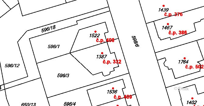 Bílé Předměstí 332, Pardubice na parcele st. 1387 v KÚ Pardubice, Katastrální mapa