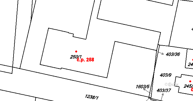 Mořkov 258 na parcele st. 250/1 v KÚ Mořkov, Katastrální mapa