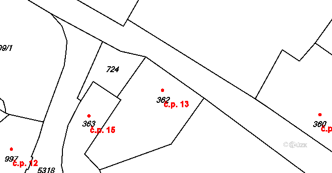 Mikulášovice 13 na parcele st. 362 v KÚ Mikulášovice, Katastrální mapa