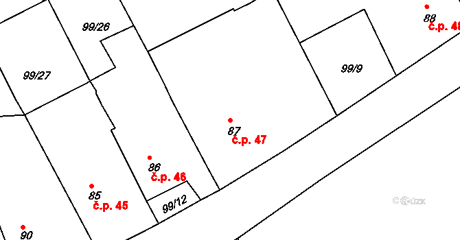Kloušov 47, Merklín na parcele st. 87 v KÚ Kloušov, Katastrální mapa