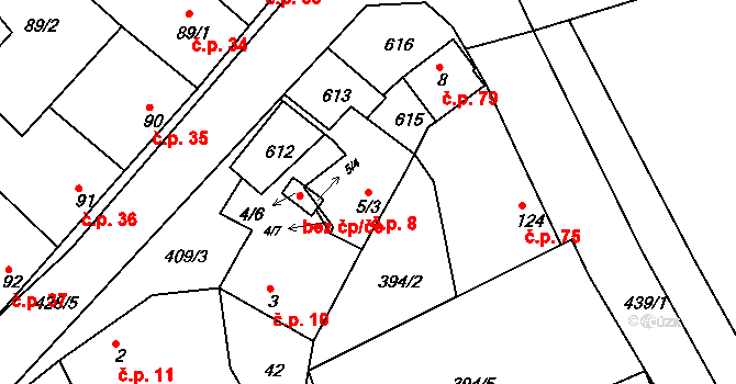 Toužetín 8 na parcele st. 5/3 v KÚ Toužetín, Katastrální mapa