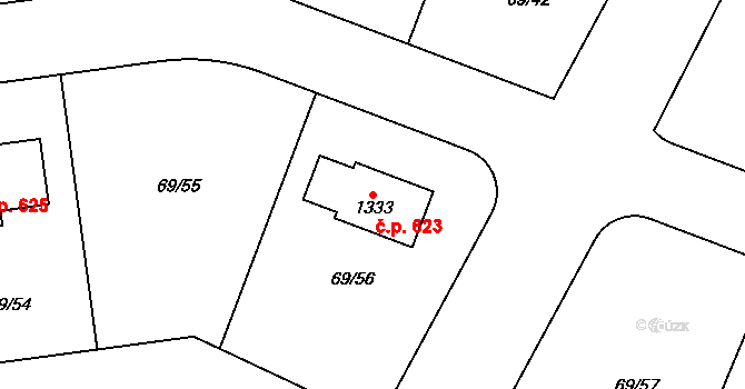Velké Popovice 623 na parcele st. 1333 v KÚ Velké Popovice, Katastrální mapa