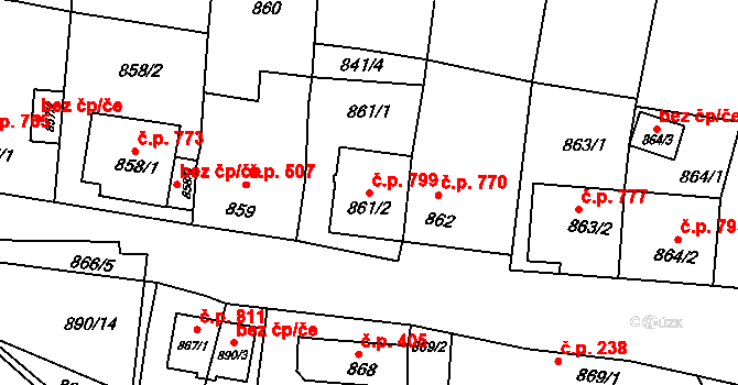 Klobouky u Brna 799 na parcele st. 861/2 v KÚ Klobouky u Brna, Katastrální mapa