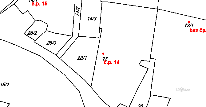 Háje 14, Řenče na parcele st. 13 v KÚ Háje u Vodokrt, Katastrální mapa
