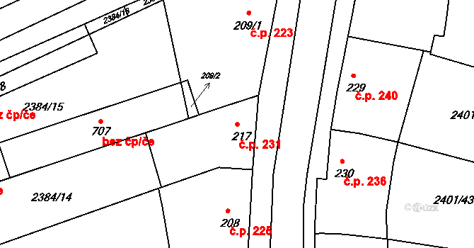 Únanov 231 na parcele st. 217 v KÚ Únanov, Katastrální mapa