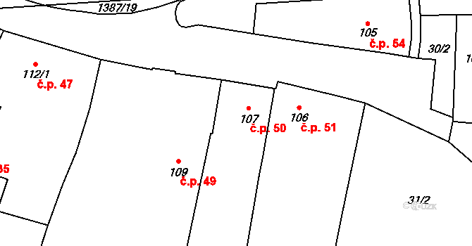 Vranov nad Dyjí 50 na parcele st. 107 v KÚ Vranov nad Dyjí, Katastrální mapa