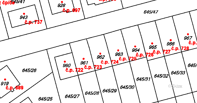 Lišov 724 na parcele st. 962 v KÚ Lišov, Katastrální mapa