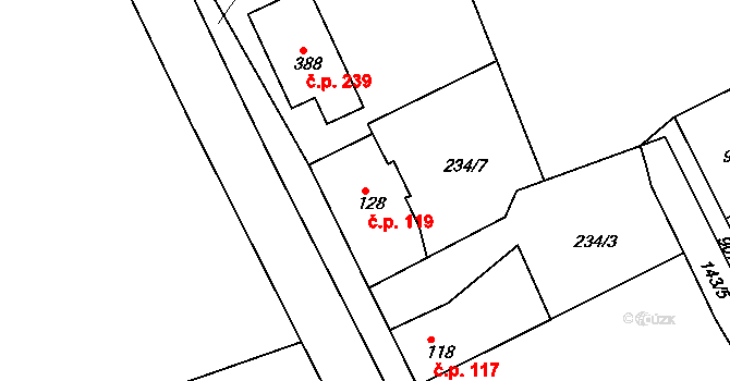 Mokřiny 119, Aš na parcele st. 128 v KÚ Mokřiny, Katastrální mapa