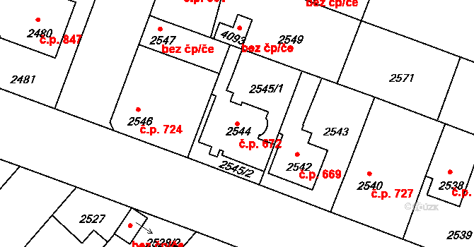 Čelákovice 672 na parcele st. 2544 v KÚ Čelákovice, Katastrální mapa