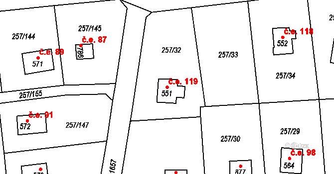 Zlenice 119, Lštění na parcele st. 551 v KÚ Lštění, Katastrální mapa