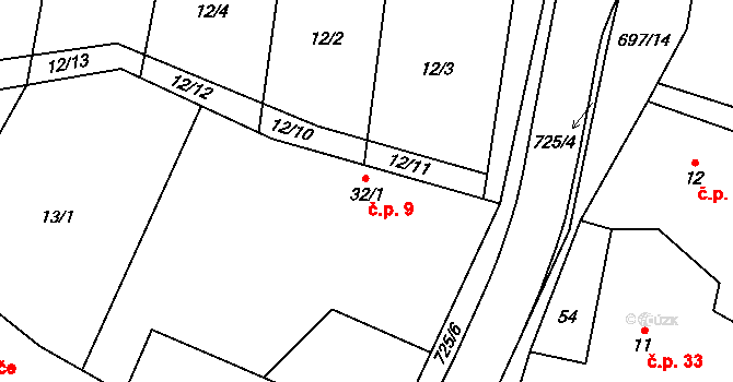 Třtěnice 9 na parcele st. 32/1 v KÚ Třtěnice, Katastrální mapa