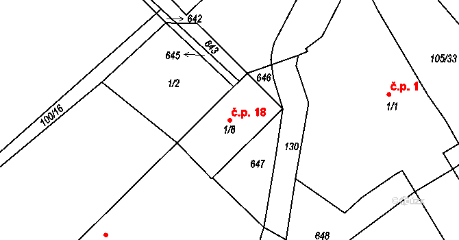 Levín 18, Olešnice na parcele st. 1/8 v KÚ Levín nad Cidlinou, Katastrální mapa