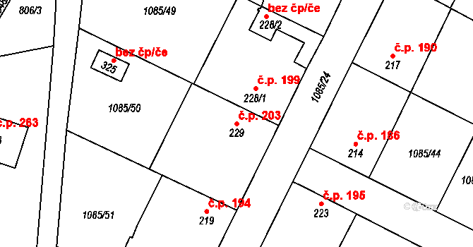 Čečelice 203 na parcele st. 229 v KÚ Čečelice, Katastrální mapa