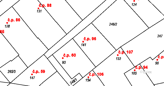 Milostín 96 na parcele st. 141 v KÚ Milostín, Katastrální mapa