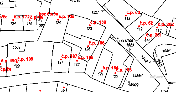 Strážov 186 na parcele st. 125 v KÚ Strážov na Šumavě, Katastrální mapa