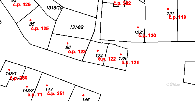 Strmilov 122 na parcele st. 124 v KÚ Strmilov, Katastrální mapa