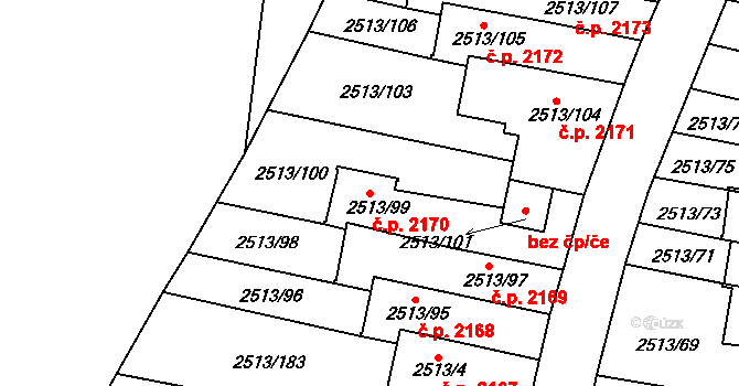 Dejvice 2170, Praha na parcele st. 2513/99 v KÚ Dejvice, Katastrální mapa