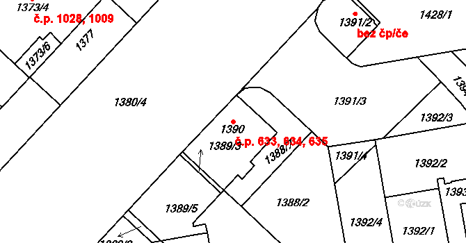 Vršovice 633,634,635, Praha na parcele st. 1390 v KÚ Vršovice, Katastrální mapa