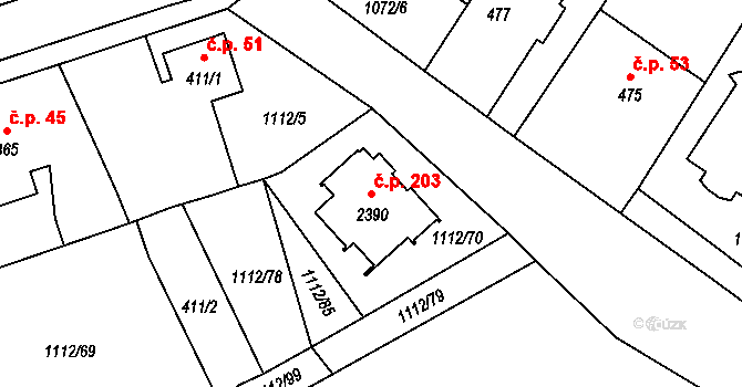 Hamrníky 203, Mariánské Lázně na parcele st. 2390 v KÚ Úšovice, Katastrální mapa