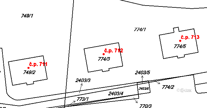 Lipová-lázně 712 na parcele st. 774/3 v KÚ Dolní Lipová, Katastrální mapa