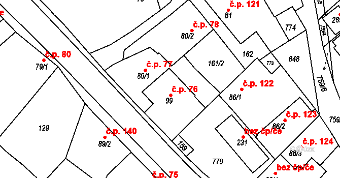 Šebkovice 76 na parcele st. 99 v KÚ Šebkovice, Katastrální mapa