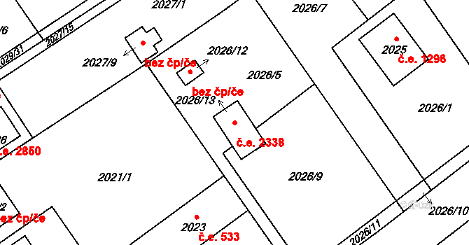 Bolevec 2338, Plzeň na parcele st. 2026/13 v KÚ Bolevec, Katastrální mapa