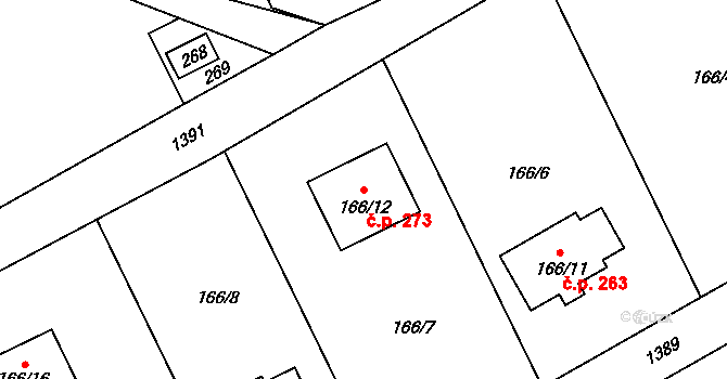 Horní Žukov 273, Český Těšín na parcele st. 166/12 v KÚ Horní Žukov, Katastrální mapa