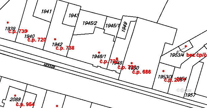 Velké Meziříčí 722 na parcele st. 1946/1 v KÚ Velké Meziříčí, Katastrální mapa