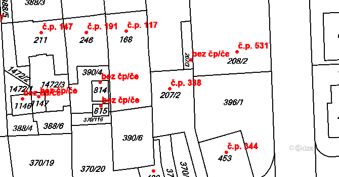 Prštné 338, Zlín na parcele st. 207/2 v KÚ Prštné, Katastrální mapa