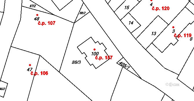 Žireč 157, Dvůr Králové nad Labem na parcele st. 100 v KÚ Žireč Ves, Katastrální mapa