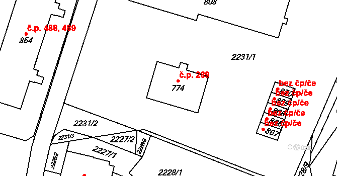 Hanušovice 289 na parcele st. 774 v KÚ Hanušovice, Katastrální mapa