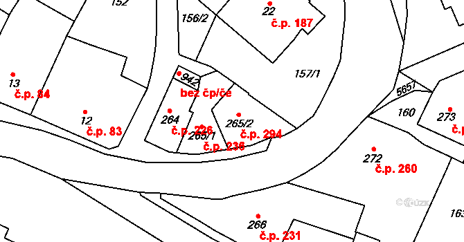 Lysice 294 na parcele st. 265/2 v KÚ Lysice, Katastrální mapa