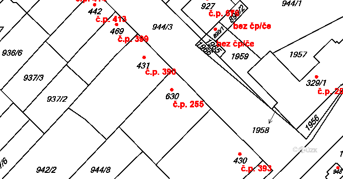 Kvasice 255 na parcele st. 630 v KÚ Kvasice, Katastrální mapa