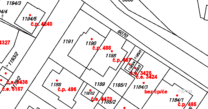 Jihlava 487 na parcele st. 1188 v KÚ Jihlava, Katastrální mapa