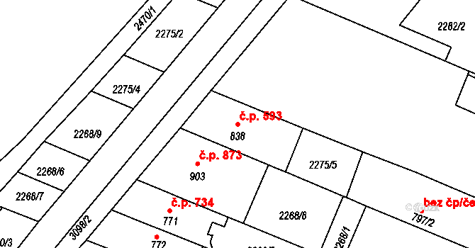 Kyjov 593 na parcele st. 838 v KÚ Kyjov, Katastrální mapa