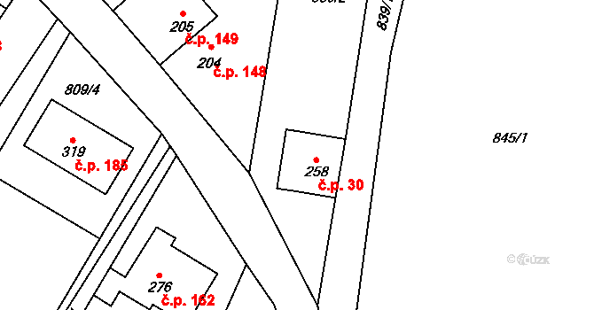 Rychtářov 30, Vyškov na parcele st. 258 v KÚ Rychtářov, Katastrální mapa
