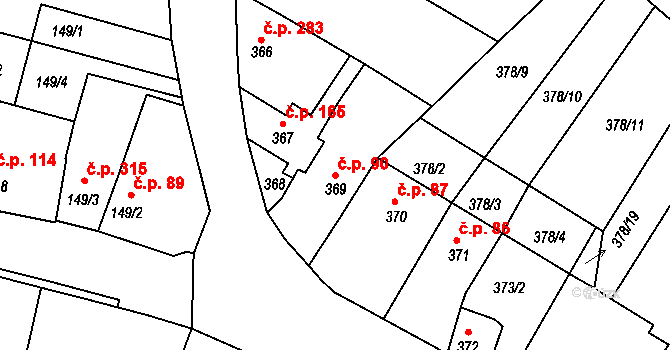 Jirny 90 na parcele st. 369 v KÚ Jirny, Katastrální mapa