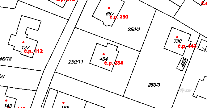 Strančice 284 na parcele st. 454 v KÚ Strančice, Katastrální mapa