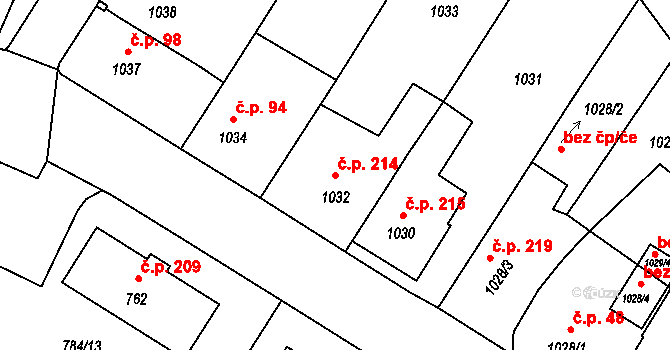 Dačice V 214, Dačice na parcele st. 1032 v KÚ Dačice, Katastrální mapa