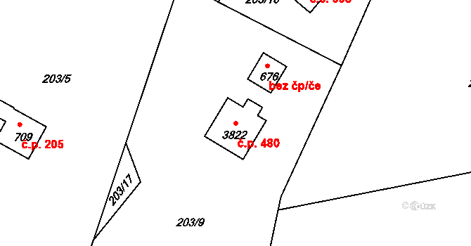 Ostravice 480 na parcele st. 3822 v KÚ Staré Hamry 2, Katastrální mapa