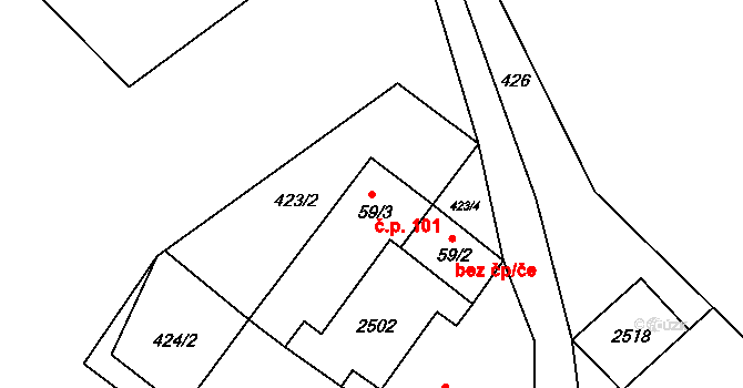 Telecí 101 na parcele st. 59/3 v KÚ Telecí, Katastrální mapa