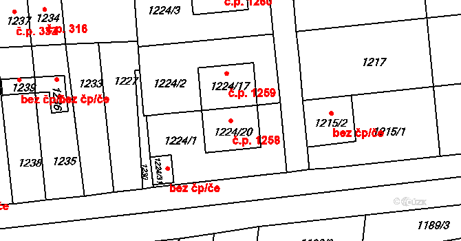 Hulín 1258 na parcele st. 1224/20 v KÚ Hulín, Katastrální mapa