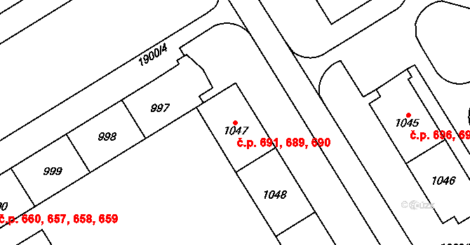 Uničov 689,690,691 na parcele st. 1047 v KÚ Uničov, Katastrální mapa
